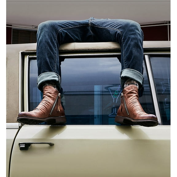 HaoXianJian Men's Leather Slip On Boots Comfortable High Top Pointed Toe Elastic Pull On Business Casual Dress Ankle Boots Winter