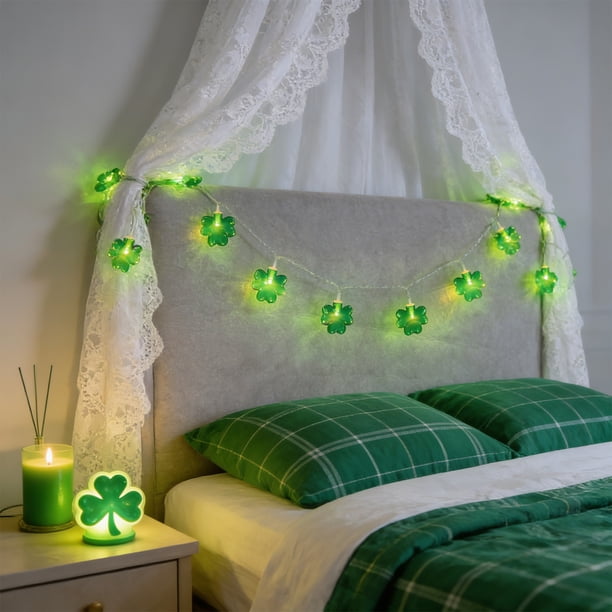 Luces LED de trébol para el Día de San Patricio – Plástico verde, 2m, alimentadas por USB, impermeables, decoración de fiesta de patio en el jardín navideño, iluminación atmosférica tipo trébol