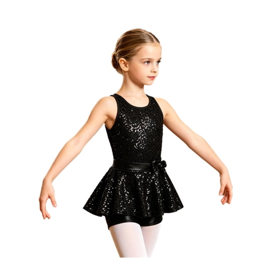 SiiRoh Kids Girls Jazz Modern Tap Dancewear Sleeveless Sequined Bowknot Ballet Dance Leotard Dress Black 12