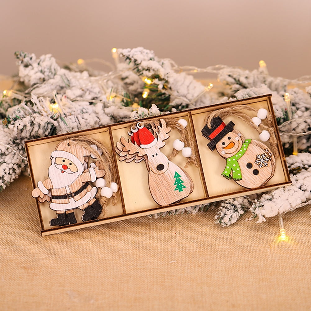 Christmas Tree Wooden Hanging Pendant Elk Santa Snowman Decoration Ornament H9A5