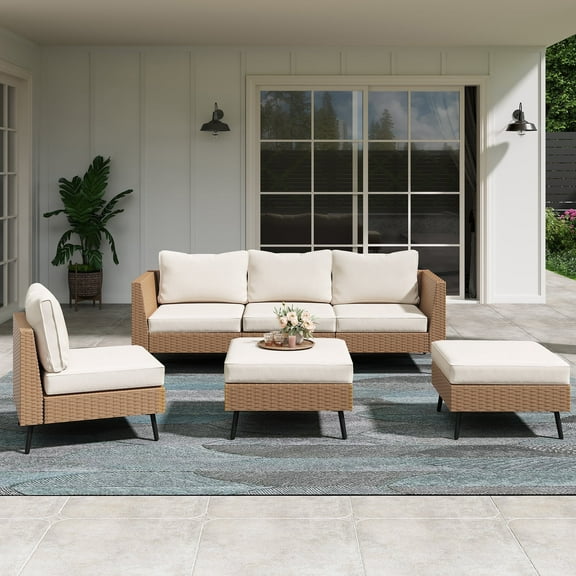 LAUSAINT HOME 6 Pieces Outdoor Furniture Set, Patio Rattan Wicker Sectionals with 4 Chairs and 2 Ottomans, Beige Cushions
