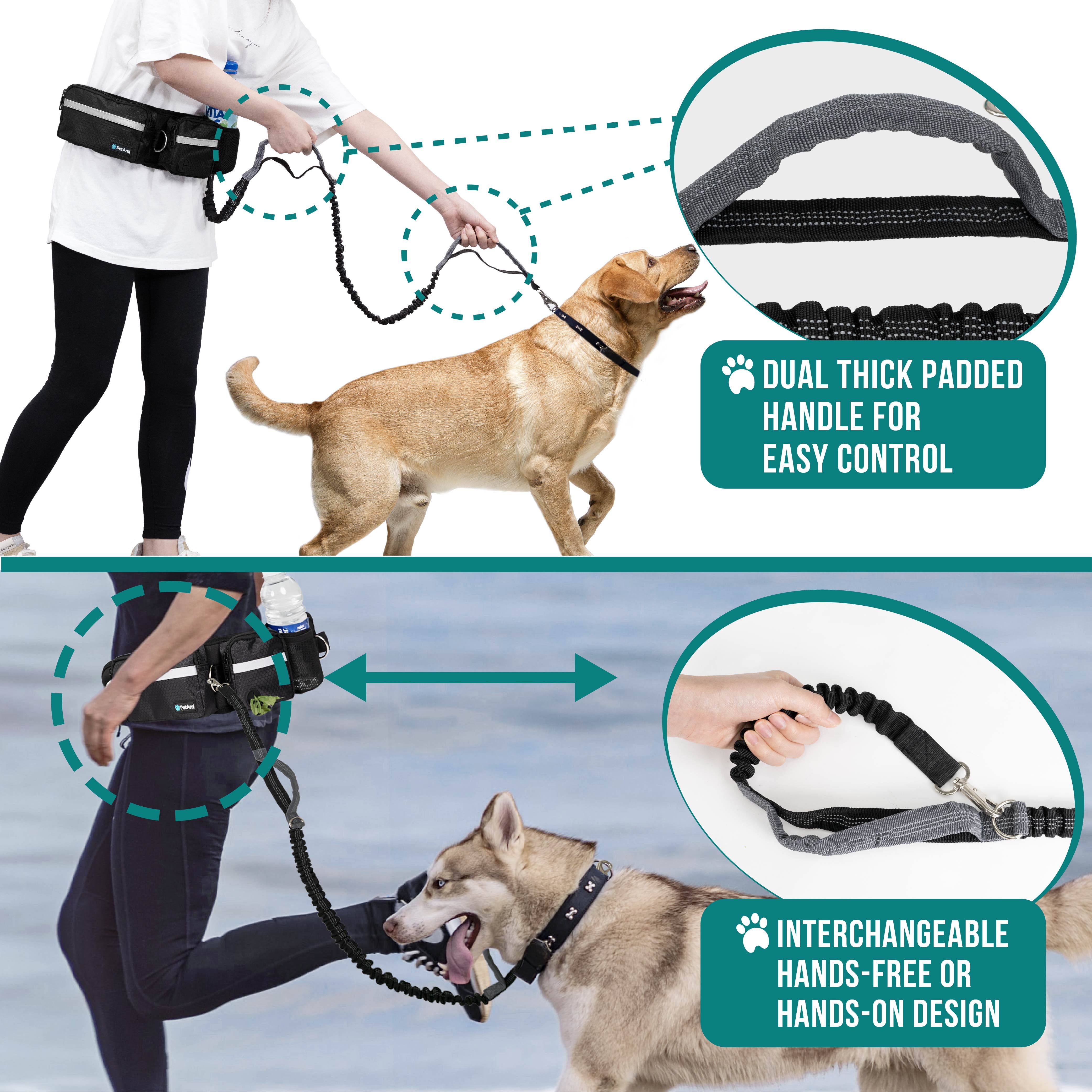 PetAmi Hands Free Dog Leash, Dog Running Leash Belt Bag for Walking, Jogging, Dog Waist Double Zipper Pouch with Poop Bag Dispenser, Dual Padded Handles Reflective Bungee Leash, Single