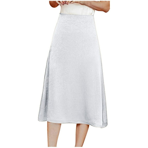 hotojiny Satin Skirt for Women Elegant High Waist Midi Length Skirt Silk Trendy Solid A-Line Work Office Skirts