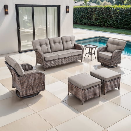 OPOHORO Outdoor 6 Pieces Conversation Set Brown Wicker Sofa with Swivel Chairs Side Table and Ottomans Patio Furniture Set with 5 Thick Cushion Ideal for Porch and Deck Gray