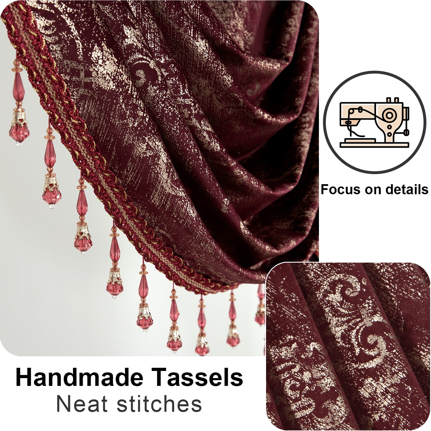 VOGOL Modern Waterfall Valance for Bedroom, Red Textured Stripe Print Velvet Curtain with Beaded Tassels, Rod Pocket Design, 43x39 Inches, 1 Piece