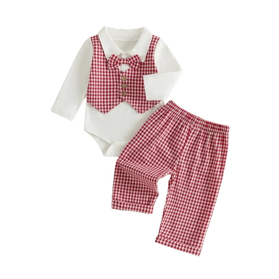 RUINIXCW Baby Boys Fall Outfit, Plaid Long Sleeve Romper with Pants and Bow Tie