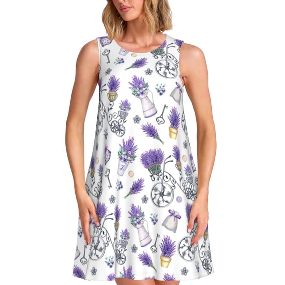 Bixox Lavender Bicycle Print Women's Sleeveless A-Line Dress with Pockets, Casual Knee-Length Tank Dress for Summer-Large