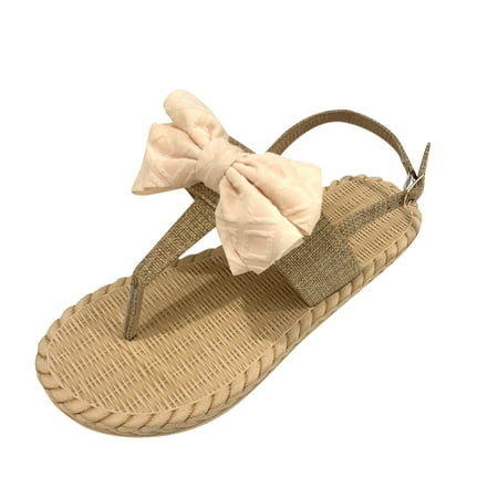 CHOII Clearance Summer Fashion Hemp Rope Sole Casual Shoes Bow Flat Sandals Non-slip Woven Bottom Flip Flops for Women with Elastic Band Ankle Strap Sandals Khaki/8.5