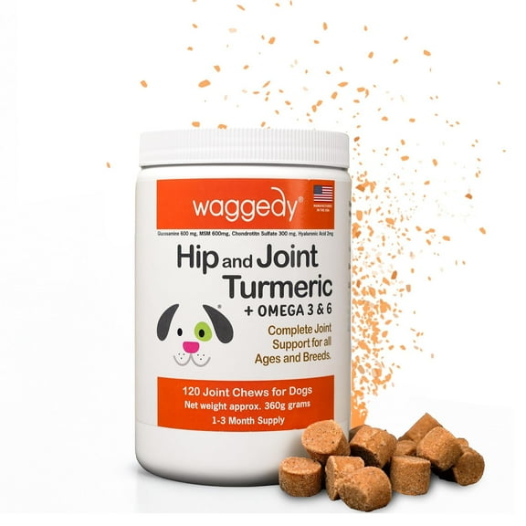 waggedy Hip and Joint Chews for Dogs with Turmeric, Glucosamine & MSM (120 Chews)