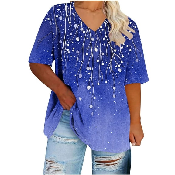 Woman Plus Size Floral Tee Shirts Short Sleeve Loose Tops Vneck Pullover Tshirt Summer Blouses
