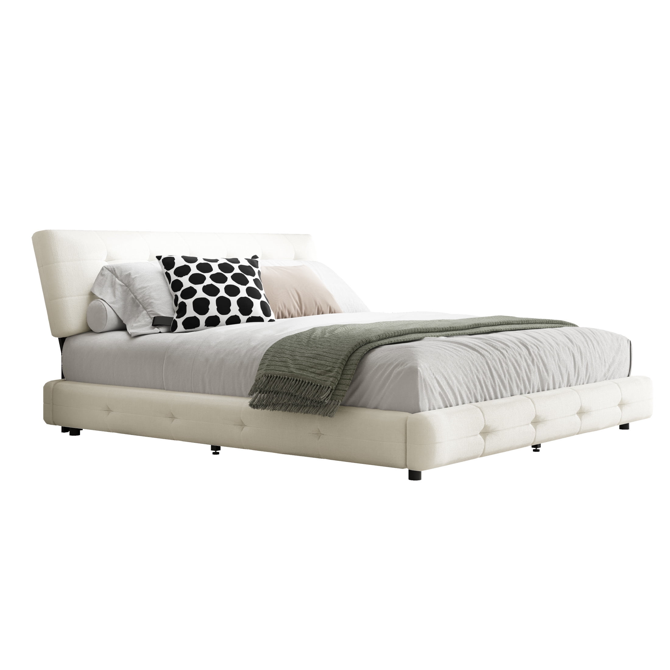 Noble House Corlen King Chenille Platform Bed Frame, Tufted Soft Cloud Pillow Headboard with Double Support, Beige