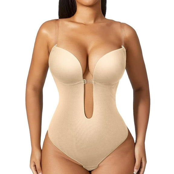 Sveltors Women's Sexy Thong Shapewear Bodysuit Tummy Control Plunge Backless Piece Body Shaper Bra Plus Size