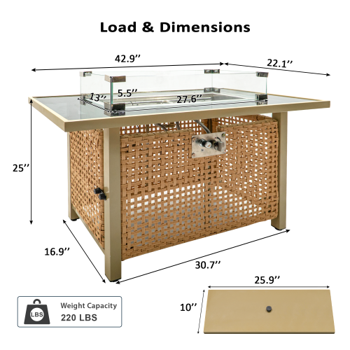 Propane Fire Pit Table Wicker & Steel, 60,000 BTU Rectangular Outdoor Heater with Tempered Glass Wind Guard & UV-Resistant Rattan, Orange