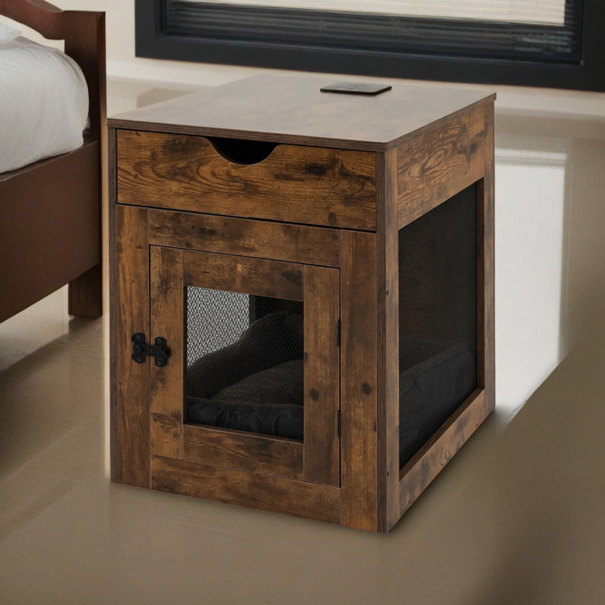 resenkos 25" Dog Crate Furniture with Drawer and Removable Dog Bed, Wood Pet Cages for Dogs, Indoor Medium Dog Kennel, Dog House, Brown