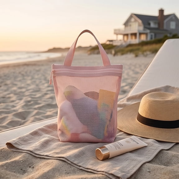 Hyknon Mesh Toiletry Tote Bag, Quick Drip Breathable Beach Mesh Crossbody Bags Carry Pouch with Zipper Top, Portable Makeup Bag Handbag for Bathroom Storage Gym Showers Trips Travel Toiletries, Pink