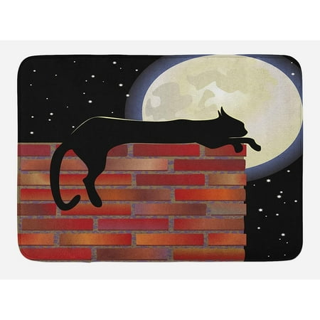 

UlaREYoy Bath Mat Cat Silhouette Resting on a Brick Wall in a Starry Night Full Moon Imagery Plush Bathroom Decor Mat with Non Slip Backing 29.5 X 17.5 Vermilion Black