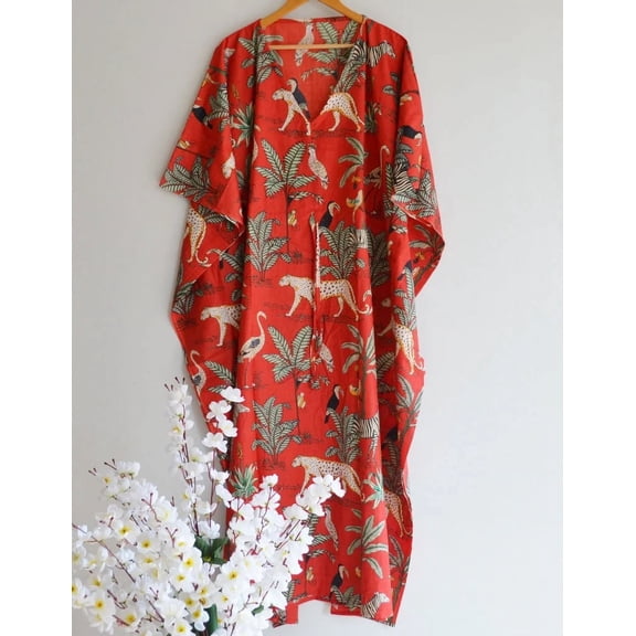Animal Jungle Print Red Cotton Fabric Indian Kaftan Dress Long Top Caftan, Dress Beach Wear Cover up, Printed Sleepwear Maxi Dress Boho Kimono Robe