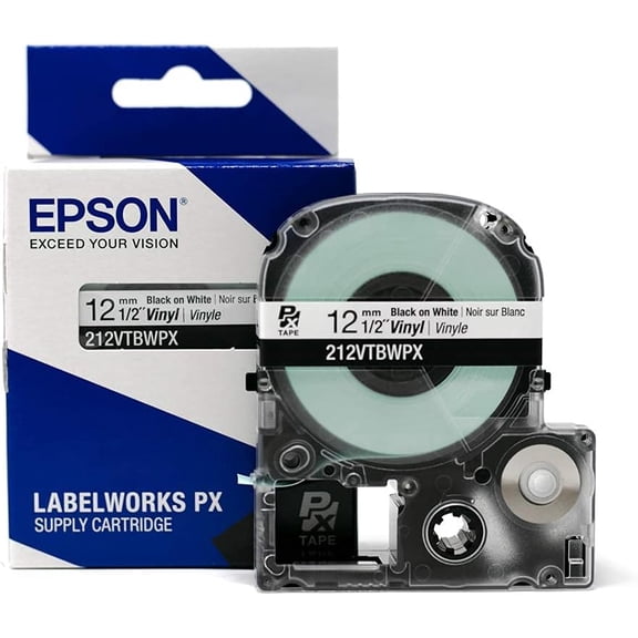 Epson LABELWORKS 212VTBWPX - Black on White Vinyl Label Maker Tape - 1/2" (12MM) Wide, 22.9 ft