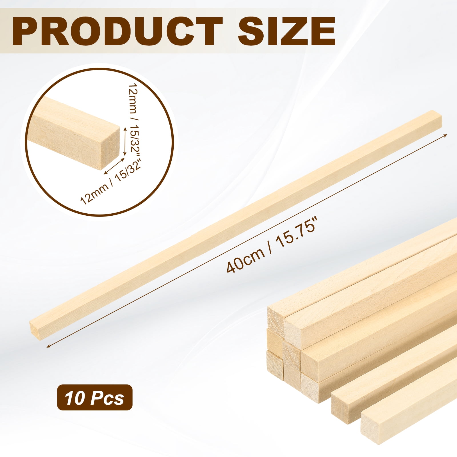 Uxcell 15/32 Inch Dowel Rods Wood Sticks, 10 Pcs 15.7 Inch Long Square Wooden Dowels Unfinished Hardwood Sticks for Craft DIY Supplies