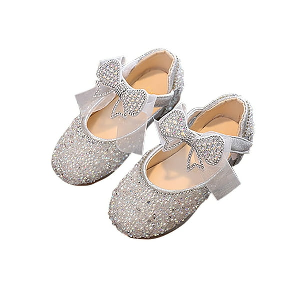 ZACPNCV Girls Sparkle Princess Dress Shoes Bow Wedding Party Flower Bridesmaids Mary Jane Ballet Flats for Kid Toddler Silver 1-2 Years