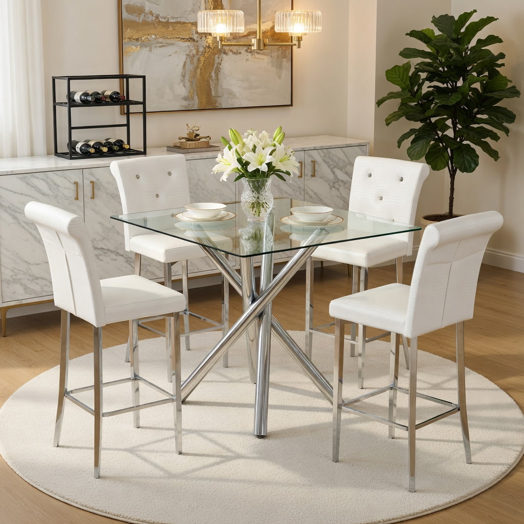 Hommoo Modern 3-Piece Glass Bar Table Set with Chrome X-Base & PU Leather Counter Height Stools, Contemporary Kitchen Island or Home Bar Solution for Small Spaces, White & Sliver