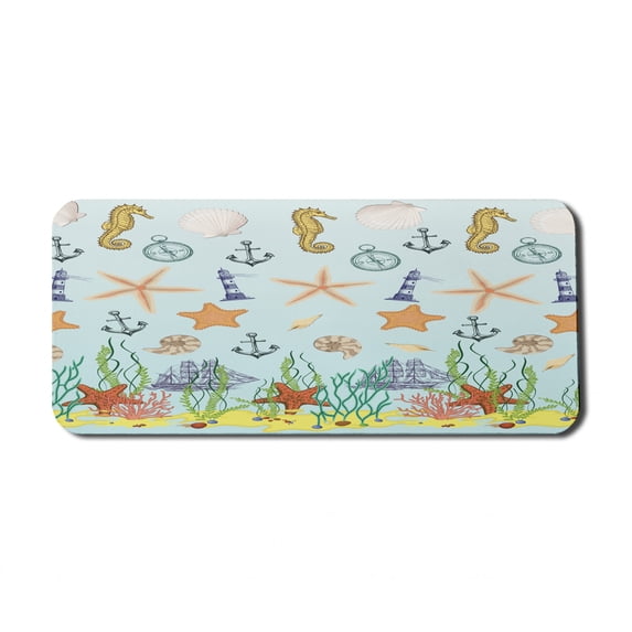 Nautical Computer Mouse Pad, Elements of the Ocean Composition with Seastars Seahorses and Hand Drawn Ships, Rectangle Non-Slip Rubber Mousepad X-Large, 35" x 15", Multicolor, by Ambesonne