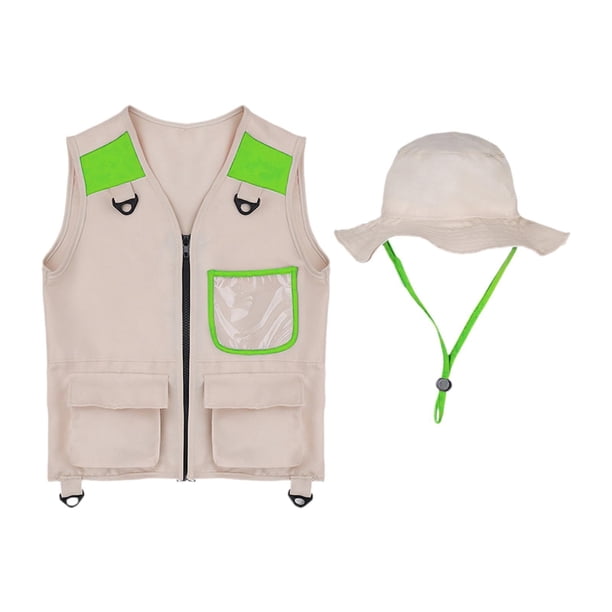 Chaleco explorador para niños, regalo de cumpleaños, equipo de camping, disfraz educativo para acampar, chaleco cargo para niños y niñas, sombrero Verde