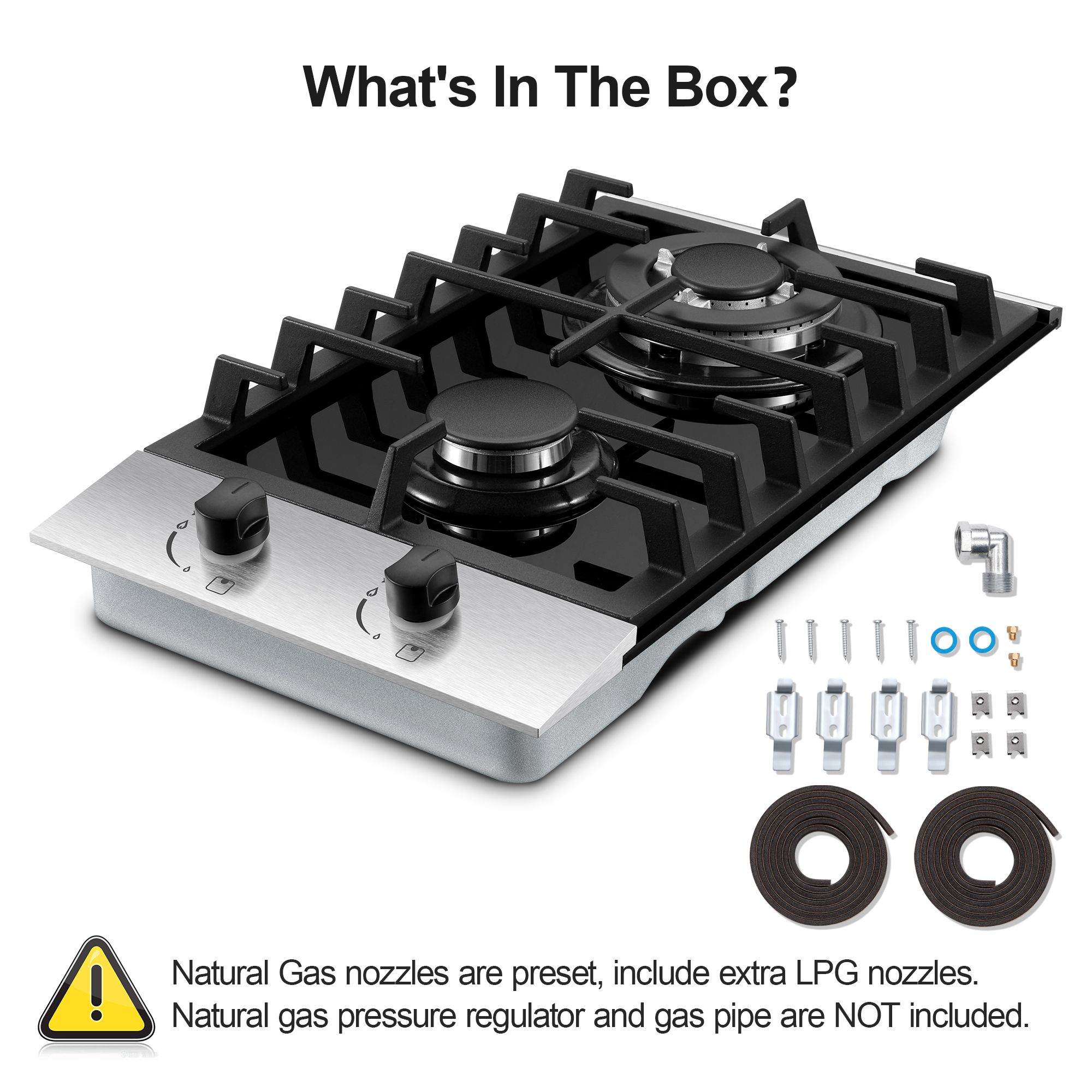 Amzgachfktch 2 Burners Gas Cooktop Stove Oven 12 inch Stainless Steel NG/LPG Convertible Easy Clean