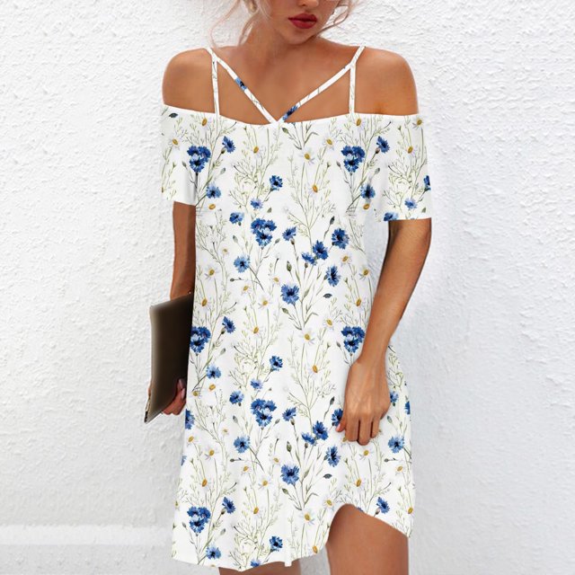 ICHUANYI Clearance Fashion Women Casual Sexy Cold Shoulder Printing Summer Short Sleeve Dress(White, XL) ICHUANYI WER2023081508658