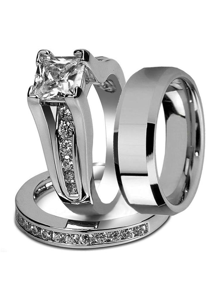 His & Hers Stainless Steel Princess Wedding Ring Set & Beveled Edge Wedding Band 