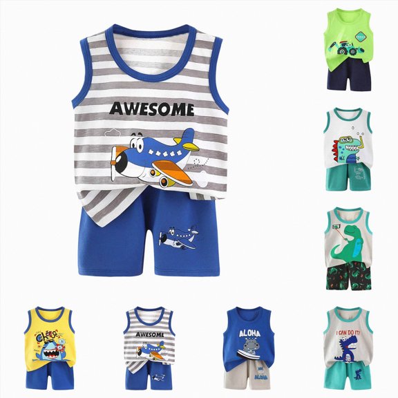 YDFCWXW Toddler Baby Boy Summer Clothes Cute Dinosaur Tank Tops Shorts Outfits Lightweight Elastic Cotton Short Sets (Blue, 3-4 Years)