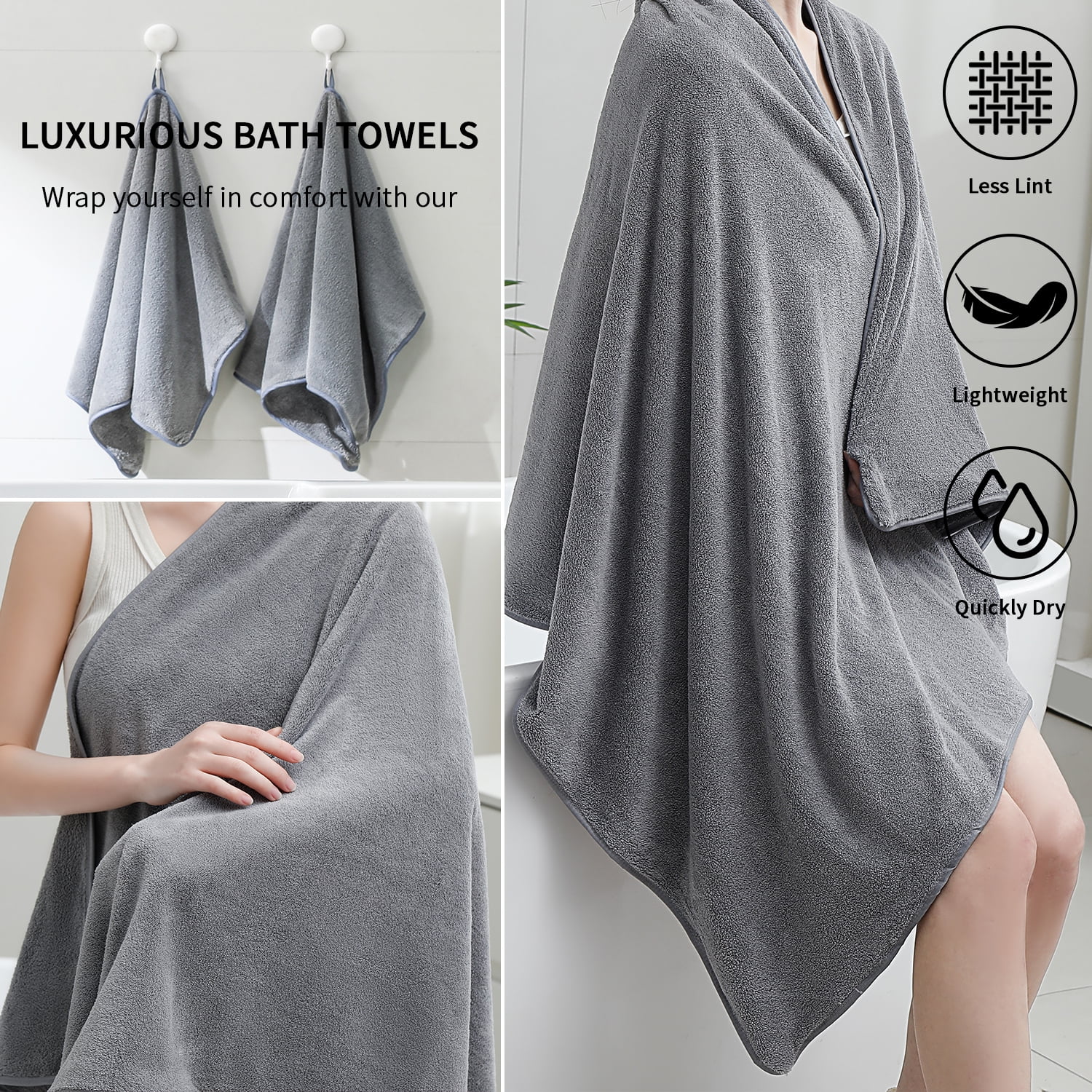 Beartech 6 Pack Bath Towel Set,Microfiber Towel Set,2 Bath Sheet,2 Hand Towel,2 Washcloth,Ultra Soft & Quickly Dry Bathroom Towel Set,Plush Highly Absorbent Shower Towel For Hotel Spa-Dark Gray