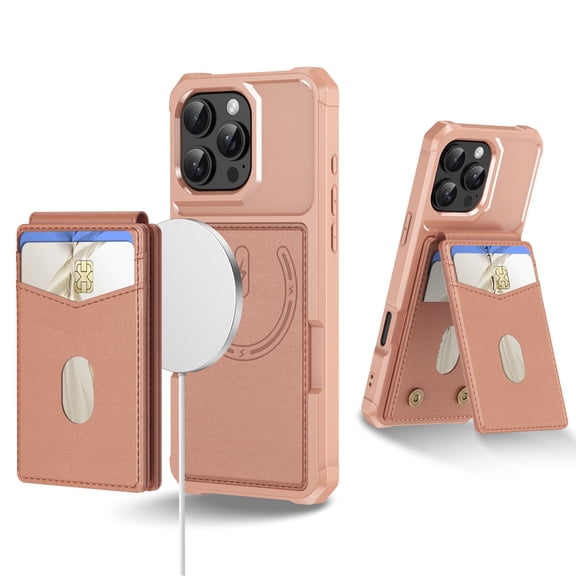 Compatible With iPhone 16 Pro Max Rugged Phone Case,Magnetic Detachable PU Leather Card Bag, Back Flip Kickstand,Card Holder Slots,Support Mag-Safe,Shockproof Heavy Duty Phone Case,Rosegold