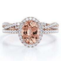 JeenMata Pave Halo Setting 1.75 Carat Oval Cut Peach created morganite and Moissanite Infinity Twisted Shank Bridal Set in 18K Rose Gold Plating over Silver