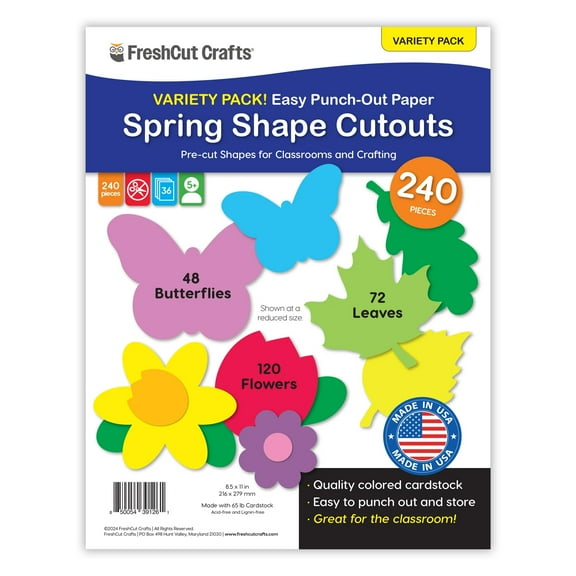 FreshCut Crafts Punch Out Paper Cutouts, Spring Shapes, Leaves, Butterflies & Flowers, 240 Pieces