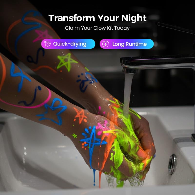 UV Neon Face Paint Markers 12 Colors, Glow in the Dark Body Paint Pens for Skin, Washable Temporary Tattoo Markers for Blacklight Parties Halloween Cosplay