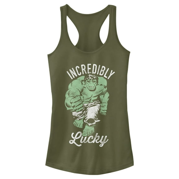 Junior's Marvel St. Patrick's Day Hulk Incredibly Lucky Racerback Tank Top Military Green X Small