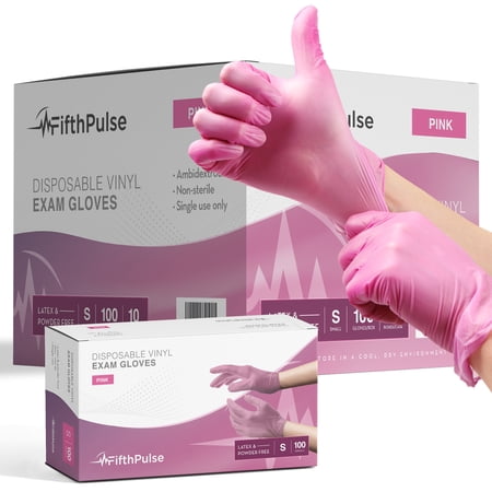 Fifth Pulse Vinyl Gloves, Multifunction Medical Grade Exam, Kitchen Gloves, All-Purpose Industrial Disposable Gloves Latex Free, Powder Free - Pink - 10 Boxes of 100 Gloves- 1000 Total (Small)