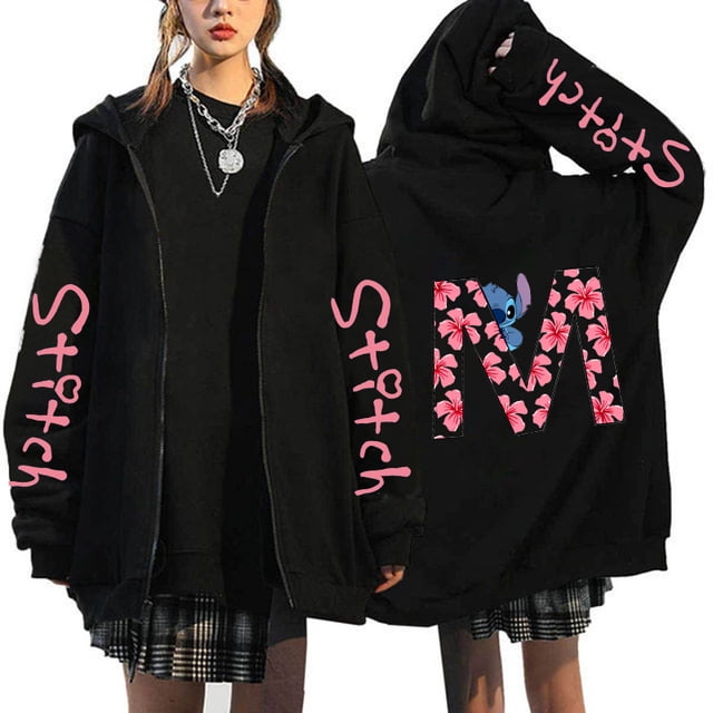 Sudaderas de los 90 Sudaderas con capucha con cremallera para mujer Sudadera con capucha con letras lindas de Disney Lilo & Stitch Chaquetas con cremallera Ropa de calle para