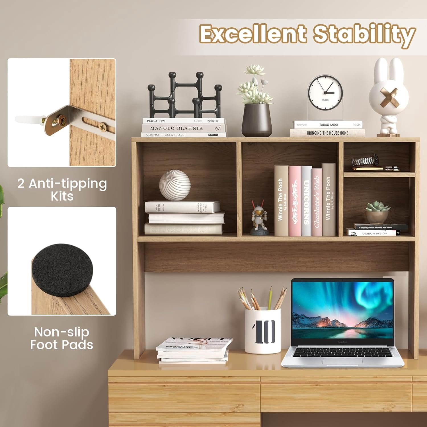 CRXX Desktop Bookshelf, Countertop Storage Hutch with 4 Shelves for Computer Desk, Dressing Tabletop Display Rack, Multipurpose Desk Hutch Storage Organizer for Home Office Dorm, Natural