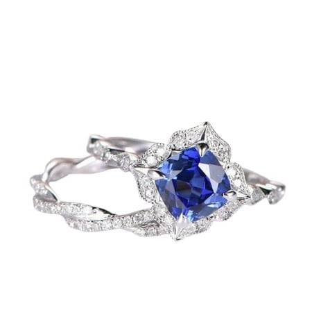 HeartsAndYou 2ct Natural Blue Tanzanite Stylish Floral Engagement Ring 14k SOLID White Gold