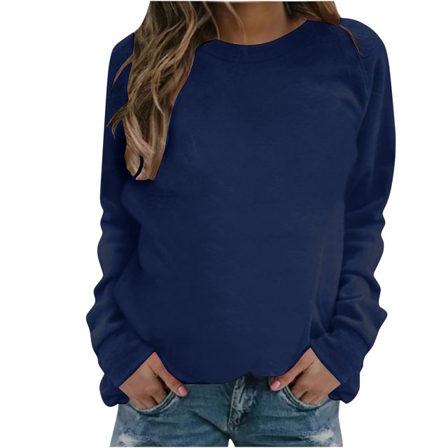 PEZHADA Chandails d'Automne pour Femmes en Liquidation Chandail à Col Rond pour Femmes, Chandail à Enfiler pour Femmes à Manches Longues Col Rond Chandail Uni Hauts Blouse Bleu Foncé