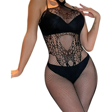 Ladies  Sexy Silk Stockings Jacquard Mesh Stockings Hanging Neck Lace Backless Silk Stockings Mesh Stockings Sexy Lingerie Satin Garter Lingerie for Women Sexy Long Sleeve Lingerie for Women Womens