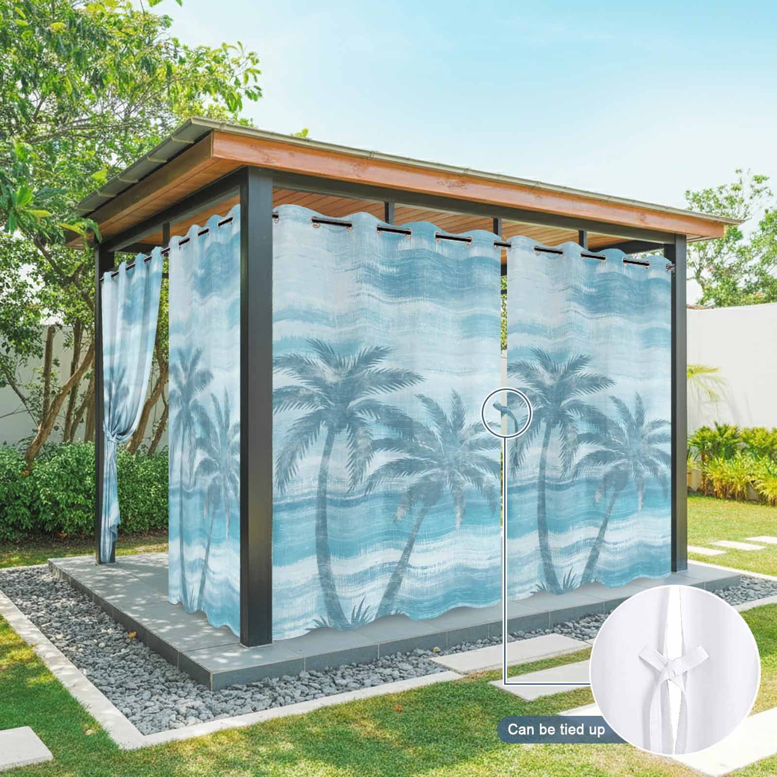 Summer Beach Palm Tree Outdoor Curtains for Patio, Coastal Nautical Tropical Ocean Blue Trees Leaf Sunshade Privacy Drapes Grommet Waterproof Outside Curtains for Porch Balcony 54"x108", 1 Panel