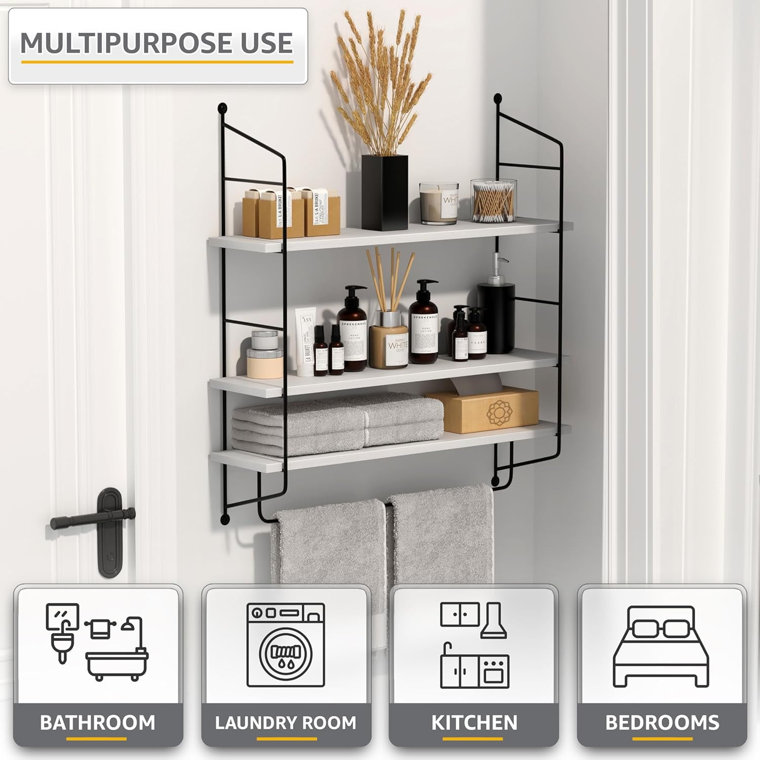 Sorbus 3-Tier Floating Bathroom Shelves for Wall - Wood Wall Storage for Towels, Over The Toilet Storage Cabinet, Gaming Floating Shelves, Bathroom Accessories, and Home Decor (White)