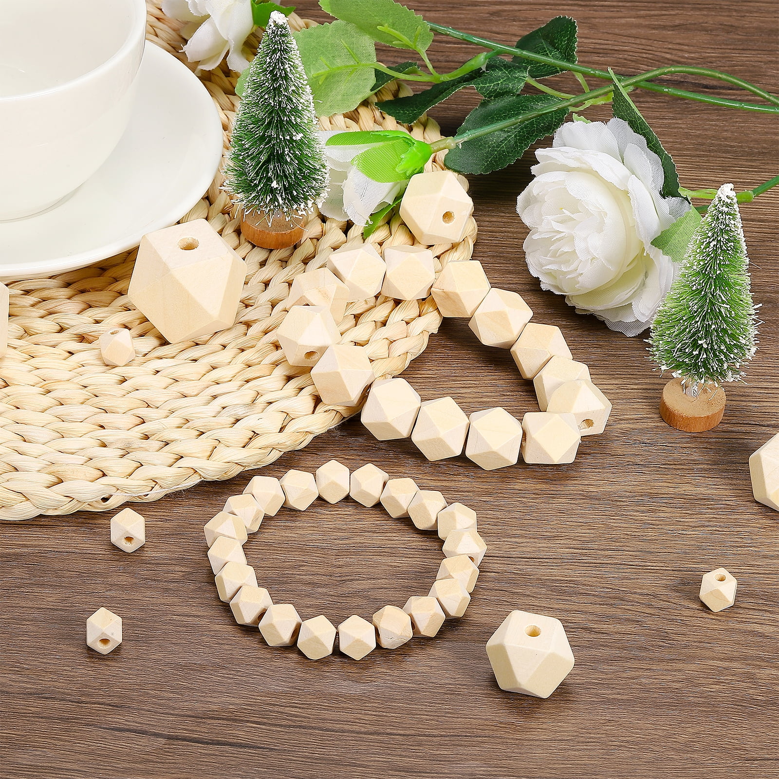 Uxcell 30mm Natural Wood Beads, 40 Pack Unfinished Wooden Beads Geometric Hexagon Loose Beads Spacer Beads