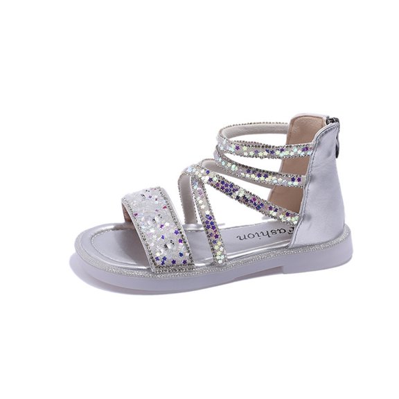 Otqutp Girls Ankle Open Toe Sandals Low Heels Sequins Princess Shoes Toddler Summer Soft Sole Open Toe Dress Loafers Shoes