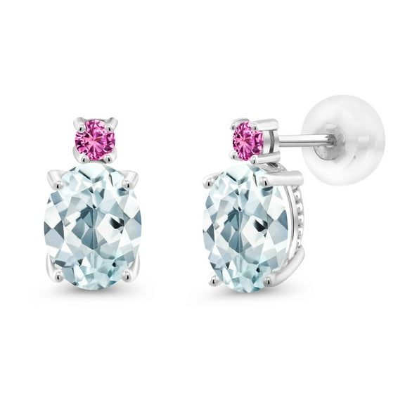 Gem Stone King 14k White Gold Sky Blue Aquamarine and Pink Created Sapphire Earrings for Women (2.50Cttw, GemstoneMarch Birthstone, Oval 8X6MM, Round 2.5MM)