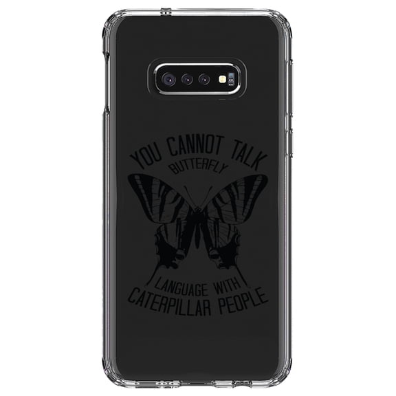 DistinctInk Clear Shockproof Hybrid Case for Samsung Galaxy S10e (5.8" Screen) - TPU Bumper Acrylic Back Tempered Glass Screen Protector - Can't Talk Butterfly with Caterpillar People