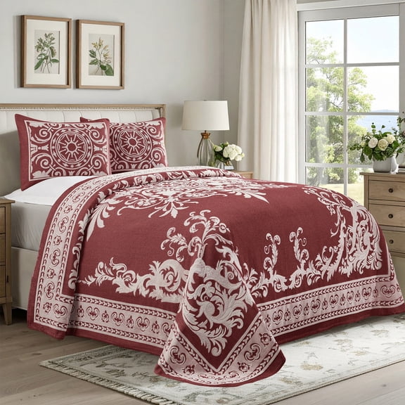 Superior Woven Jacquard Bedspread Set Full Size, 3-Piece Lightweight All Seasons Coverlet, Berry Red